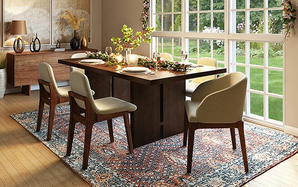 Classic Elegance: A Rustic-Chic Dining Space with Solid Wood Table & Chairs